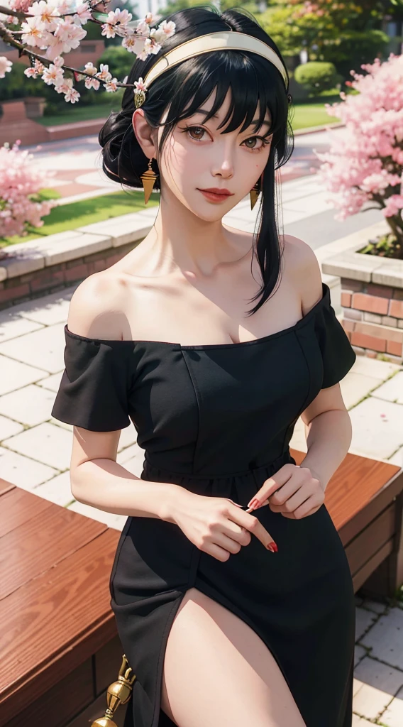 yor, Mature female,  bangs, side locks, Red eyes, Black hair, hair adornments，sportrait, (face:1.2), schoolgirls, ssmile,bare shoulders​, Black hair, cherry blossom, cleavage, (gown:1.21), clavicle, Willow Branch, (masterpiece best quality :1.2),