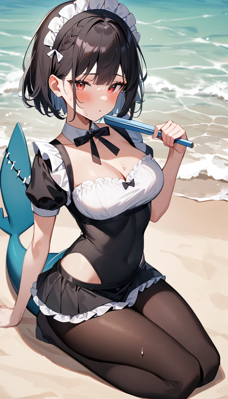 A girl sitting on the beach，Holding a fan in hand，sweating a lot，Full body view，（masterpiece：1.2），Best quality，Very detailed, Red eyes，Black short hair，Maid swimsuit，Black pantyhose，Shark Tail，Body curves，The chest naturally sags