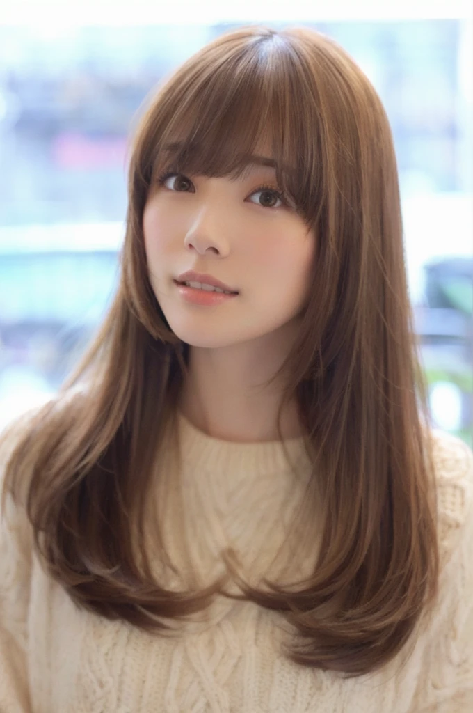 arafed woman with long brown hair and bangs wearing a white sweater, Hime cut, neat hair with bangs, long hair with full bangs, long hair with bangs, brown hair and bangs, middle length hair, mid - length hair, brown long hair with bangs, hair : long brown, shoulder - length hair, shoulder-length hair, 茶色の前hair
