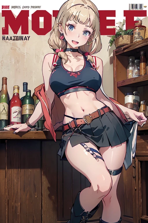 (masterpiece:1.2), (Military uniform magazine cover:1.4),best quality,PIXIV,Sweet girl , sexy posture,1girl, (perky chest:1.2), rolling upskirt by wind:1.6, (with sparkling eyes and a contagious smile),open mouth, (pointed chest:1.2),fishnets, black hair, boots, long hair, black nails, skirt, shirt, black footwear, bag, black skirt, jewelry, jacket,  thigh strap, bangs, necktie, earrings, nail polish, multicolored hair, looking at viewer, full body, bottle, own hands together, belt, jacket on shoulders, food, cats on head, ring, choker, english text, collared shirt, blue eyes, hat, lace-up boots ,masterpiece、highest quality、Very detailed、An illustration、Beautiful fine details、One Girl、cute、Detailed landscape、Training Room Background:1.4、Platinum Blonde Hair、Braided Ponytail、Red camisole、((c cup breasts, Tank top showing underboob:1.4))
