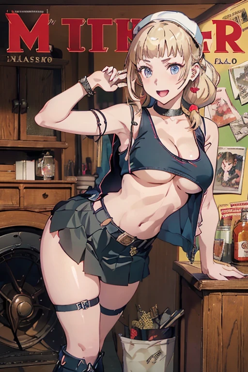 (masterpiece:1.2), (Military uniform magazine cover:1.4),best quality,PIXIV,Sweet girl , sexy posture,1girl, (perky chest:1.2), rolling upskirt by wind:1.6, (with sparkling eyes and a contagious smile),open mouth, (pointed chest:1.2),fishnets, black hair, boots, long hair, black nails, skirt, shirt, black footwear, bag, black skirt, jewelry, jacket, thigh strap, bangs, necktie, earrings, nail polish, multicolored hair, looking at viewer, full body, bottle, own hands together, belt, jacket on shoulders, food, cats on head, ring, choker, english text, collared shirt, blue eyes, hat, lace-up boots ,masterpiece、highest quality、Very detailed、An illustration、Beautiful fine details、One Girl、cute、Detailed landscape、Training Room Background:1.4、Platinum Blonde Hair、Braided Ponytail、Red camisole、((c cup breasts, Tank top showing underboob:1.4))