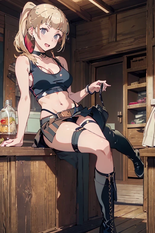 (masterpiece:1.2), (Military uniform magazine cover:1.4),best quality,PIXIV,Sweet girl , sexy posture,1girl, (perky chest:1.2), rolling upskirt by wind:1.6, (with sparkling eyes and a contagious smile),open mouth, (pointed chest:1.2),fishnets, black hair, boots, long hair, black nails, skirt, shirt, black footwear, bag, black skirt, jewelry, jacket,  thigh strap, bangs, necktie, earrings, nail polish, multicolored hair, looking at viewer, full body, bottle, own hands together, belt, jacket on shoulders, food, cats on head, ring, choker, english text, collared shirt, blue eyes, hat, lace-up boots ,masterpiece、highest quality、Very detailed、An illustration、Beautiful fine details、One Girl、cute、Detailed landscape、Training Room Background:1.4、Platinum Blonde Hair、Braided Ponytail、Red camisole、((c cup breasts, Tank top showing underboob:1.4))
