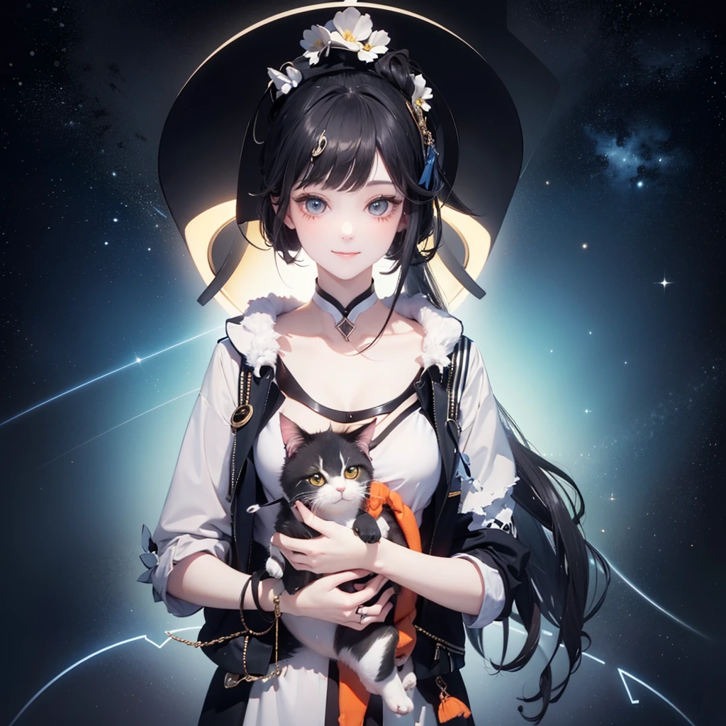 (((Holding a cute orange fat cat with super short legs in both hands，Correct anatomy)))，((Highest quality，masterpiece，一位Mature美女，Super thin air parted bangs，Light blue denim gray hooded jacket，Blue gray high ponytail super long straight hair，Double sideburn curly hair，Hair ends curled in，Gray powder clothes，Exposed clavicle，Show all ears))，((Mature，Smile slightly，Look at the camera head-on))，starry sky galaxy background，Matte denim texture