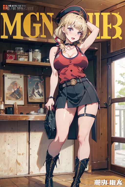 (masterpiece:1.2), (Military uniform magazine cover:1.4),best quality,PIXIV,Sweet girl , sexy posture,1girl, (perky chest:1.2), rolling upskirt by wind:1.6, (with sparkling eyes and a contagious smile),open mouth, (pointed chest:1.2),fishnets, black hair, boots, long hair, black nails, skirt, shirt, black footwear, bag, black skirt, jewelry, jacket,  thigh strap, bangs, necktie, earrings, nail polish, multicolored hair, looking at viewer, full body, bottle, own hands together, belt, jacket on shoulders, food, cats on head, ring, choker, english text, collared shirt, blue eyes, hat, lace-up boots ,masterpiece、highest quality、Very detailed、An illustration、Beautiful fine details、One Girl、cute、Detailed landscape、Training Room Background:1.4、Platinum Blonde Hair、Braided Ponytail、Red camisole、((c cup breasts, Tank top showing underboob:1.4))
