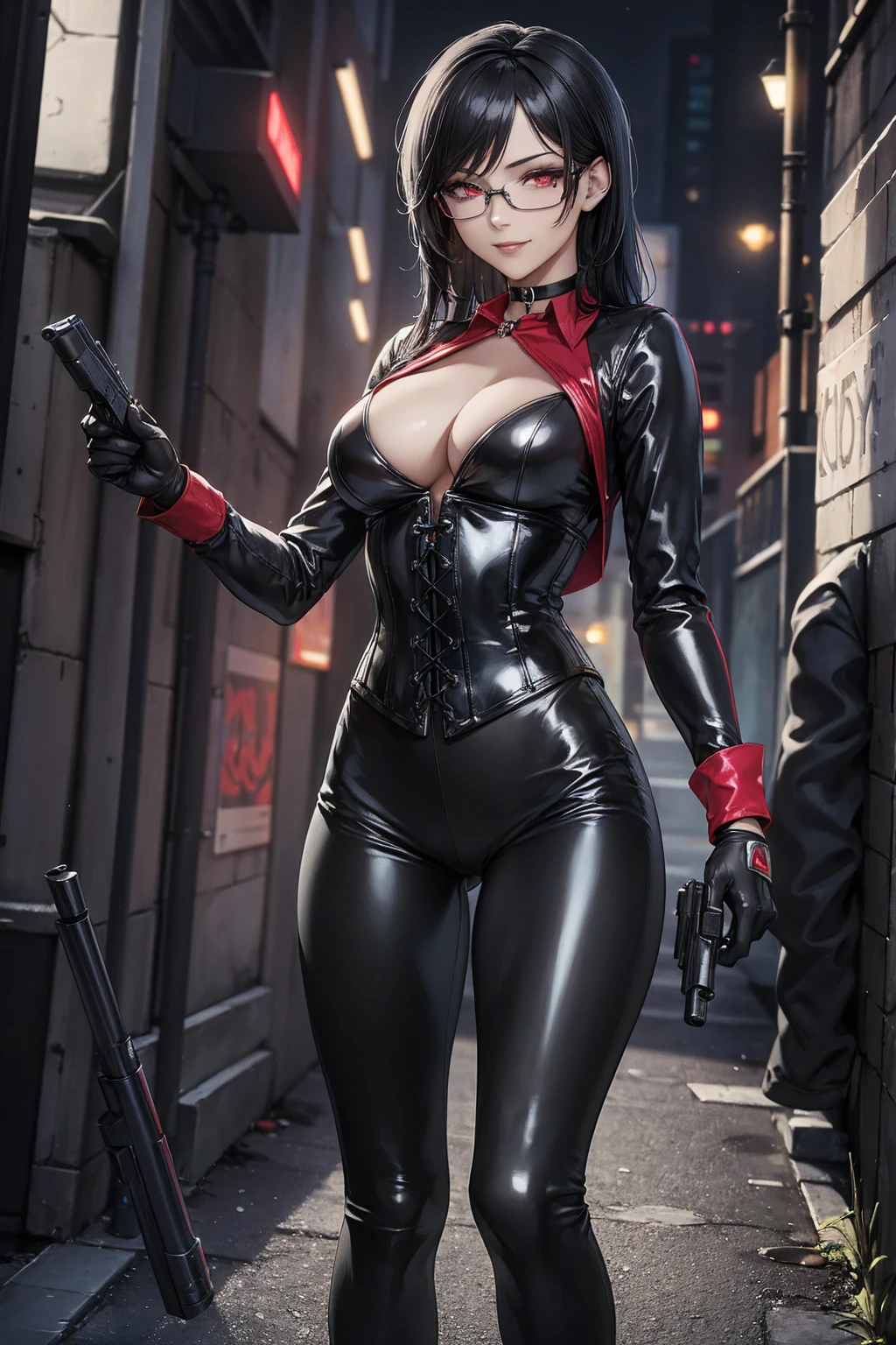 1 woman, standing, with seductive expression, loving smile, view from front, detailed eyes, pose sexy, long black hair, his super detailed glowing eyes, Full lips painted red, chiseled physique and wide hips.  glasses, choker:1.6, (long sleeve white collar buttoned shirt), (shiny black corset), black gloves covering your hands, holding a gun with the right hand, (shiny black leggings), Walking in a dark alley at night, This image oozes realism., capturing the essence of a fragile figure. digital art, photorealistic and high definition technique