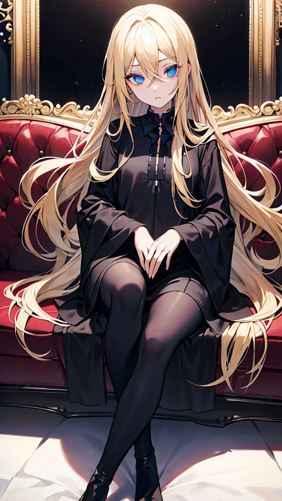 long blonde hair, eyes black, louca no sofa, perfect and very beautiful face, roupa dark