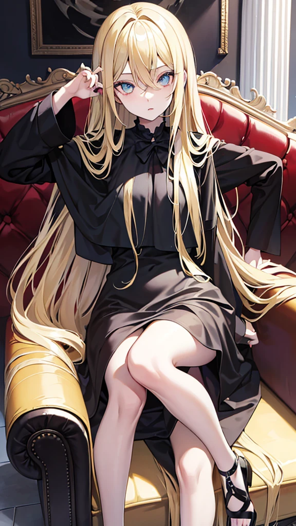 long blonde hair, eyes black, louca no sofa, perfect and very beautiful face, roupa dark