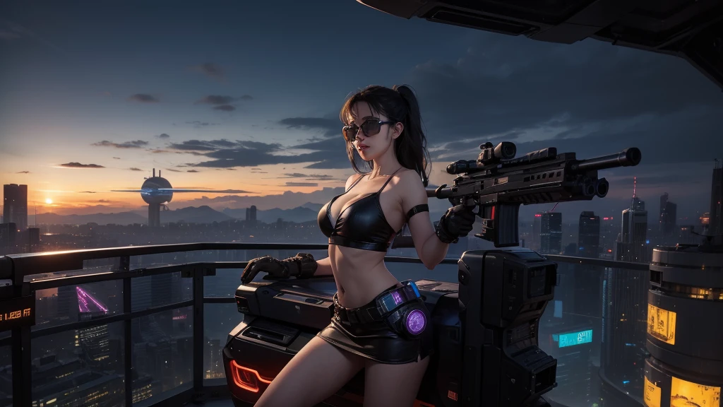 At night, aerial view of futuristic sci-fi cyberpunk city with plenty neon lights, skyscrapers, flying cars, vortex glowing hologram ((giant clock tower)) as time machine, high quality. (1girl, solo), photo realistic, large-breast:1.2 slim body, cleavage:1.3, tube top, short miniskirt, (black sunglasses), aiming at viewer with a (mini rifle):0.3, dynamic pose, half-body thigh level medium shot, cinematic lighting.