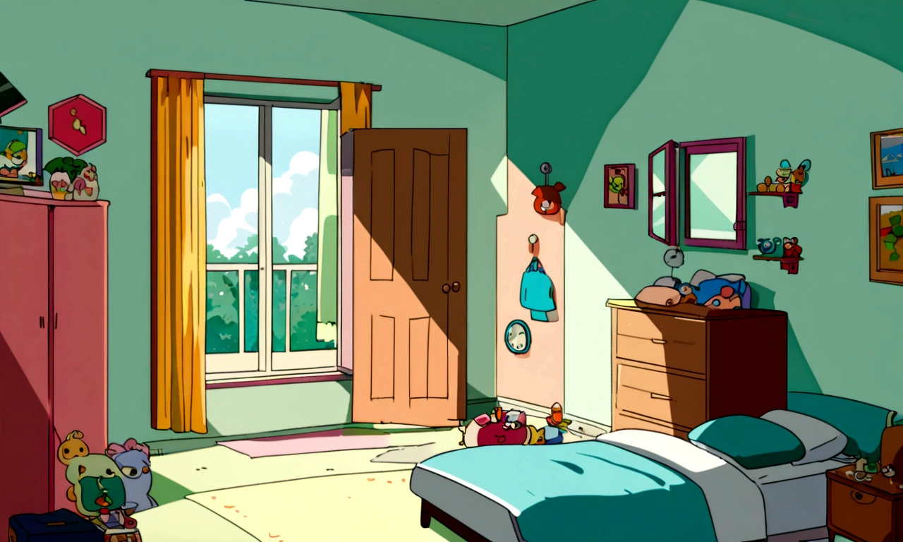  2D style anime, Cartoon style, a sloppy bedroom in America in 1960, a messy boy's bedroom, with a window, with a closet, full view of the room.