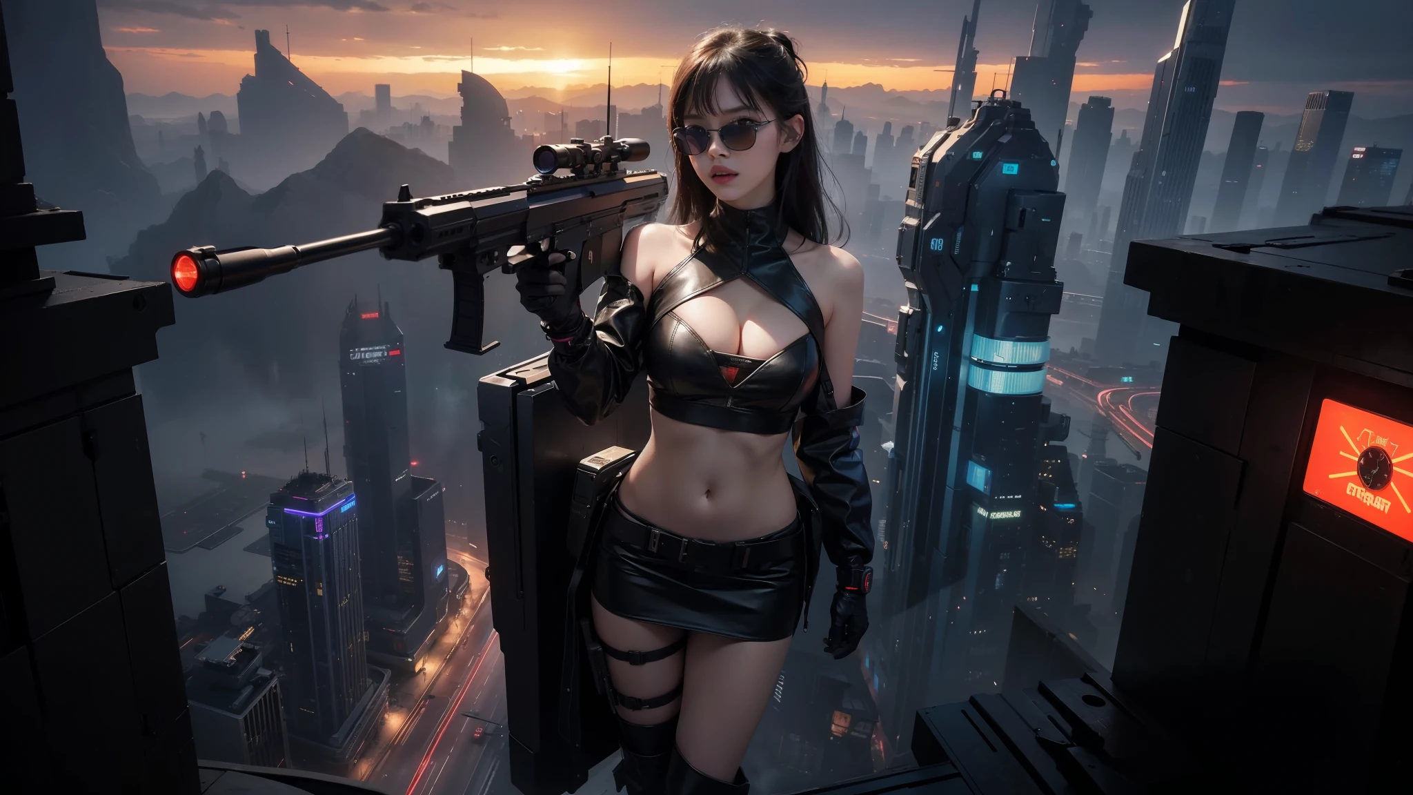 At night, aerial view of futuristic sci-fi cyberpunk city with plenty neon lights, skyscrapers, flying cars, vortex glowing hologram ((giant clock tower)) as time machine, high quality. (1girl, solo), photo realistic, large-:1.2 slim body, cleavatube top, short miniskirt, (black sunglasses), aiming at viewer with a (mini rifle):0.3, dynamic pose, half-body thigh level medium shot, cinematic lighting.