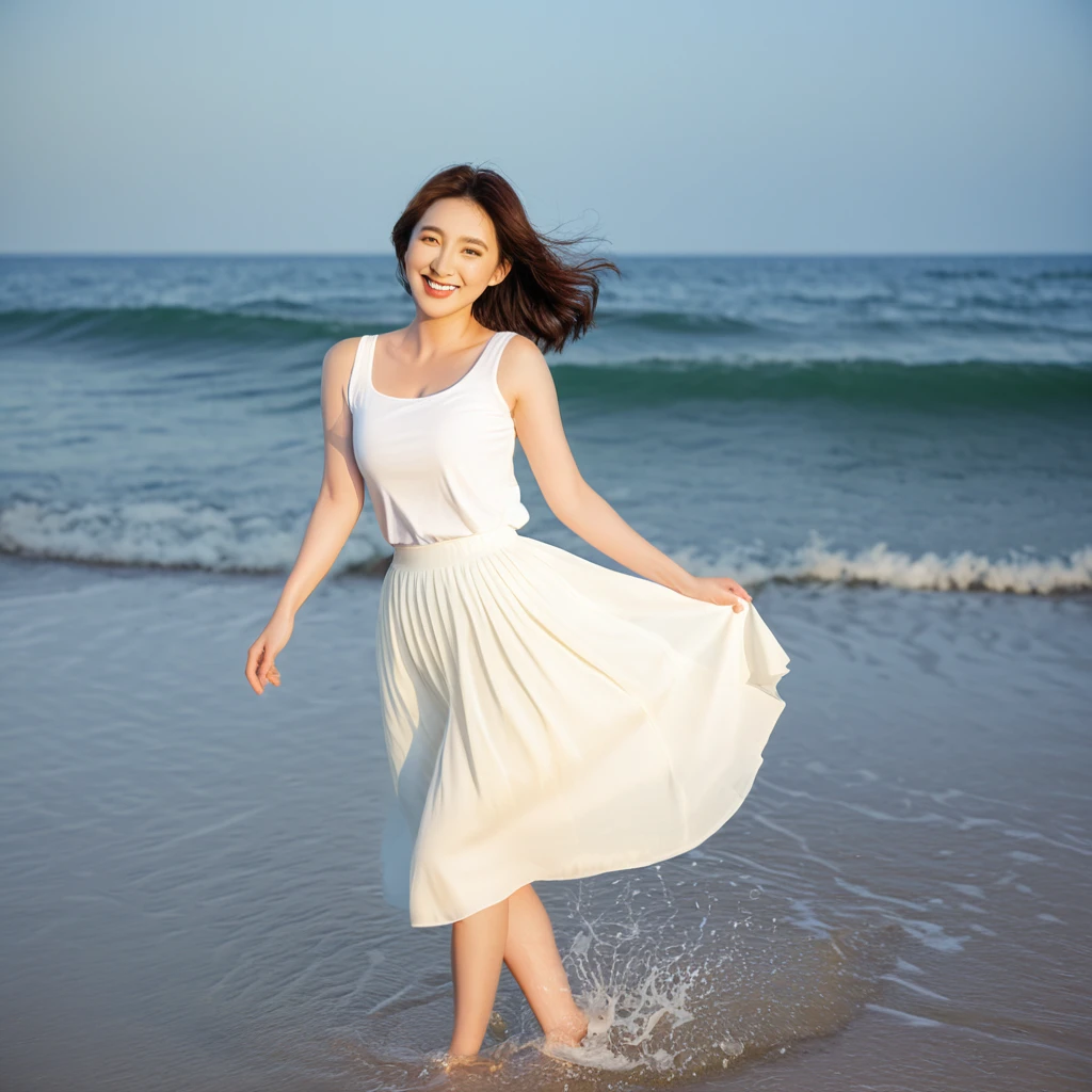 sunset beach soft light，There is a subtle lingering feeling., Beautiful 36-year-old short Korean woman, Chest size 34 inches, Wear white short sleeves and sleeveless tops, lightweight mid length skirt. beautiful pretty woman look , wearing a light skirt , Go far into the sea water and dip your toes., Short medium hair blowing in the wind, 1 woman, beautiful eyes, Smiling, Full-body photo taken from afar with a wide-angle lens, The background is clean and perfect., the waves are coming, short woman