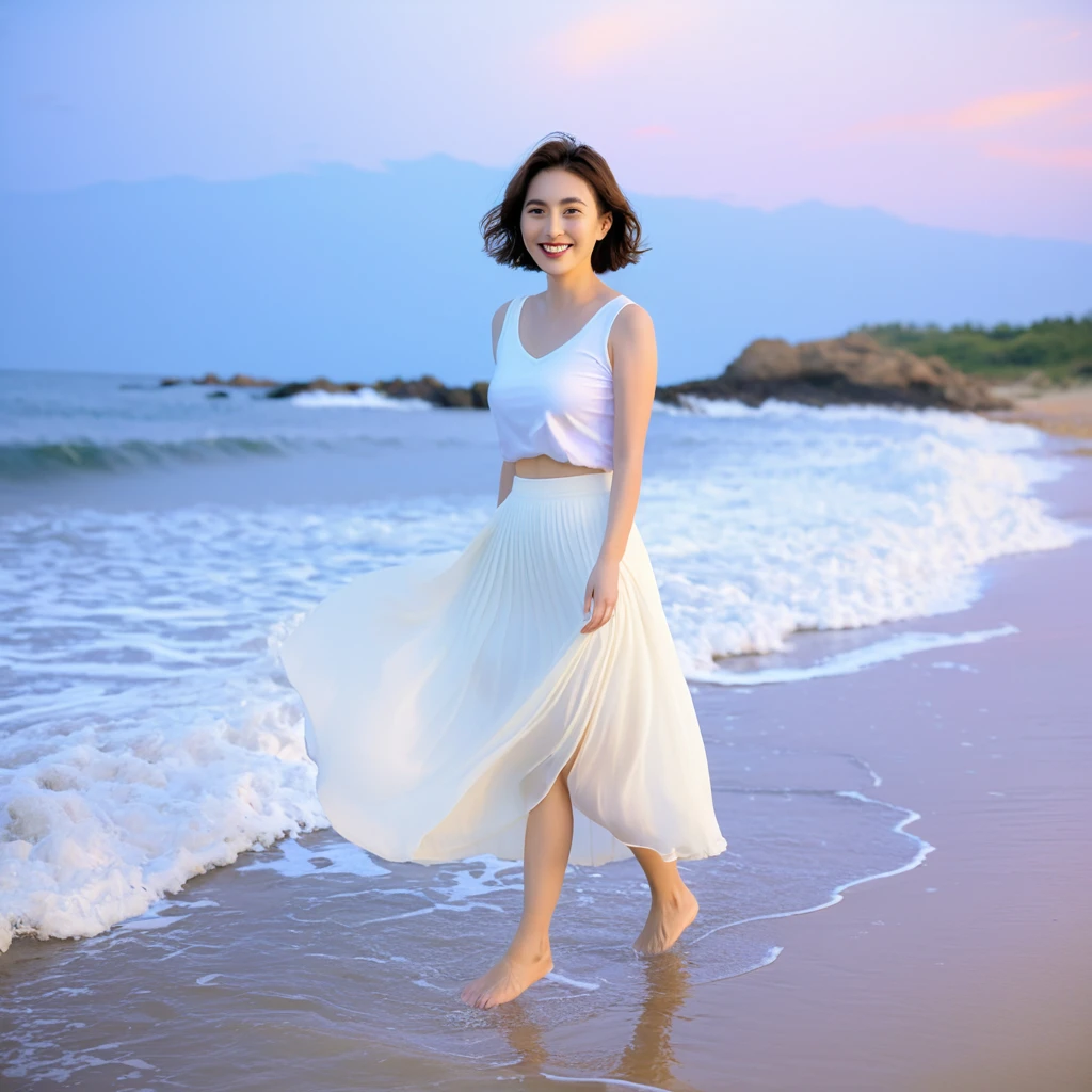 sunset beach soft light,There is a subtle lingering feeling., Beautiful 36-year-old short Korean woman, Chest size 34 inches, Wear white short sleeves and sleeveless tops, lightweight mid length skirt. beautiful pretty woman look , wearing a light skirt , Go far into the sea water and dip your toes., Short medium hair blowing in the wind, 1 woman, beautiful eyes, Smiling, Full-body photo taken from afar with a wide-angle lens, The background is clean and perfect., the waves are coming, short woman