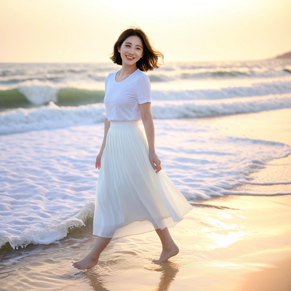 sunset beach soft light,There is a subtle lingering feeling., Beautiful 36-year-old short Korean woman, Chest size 34 inches, Wear white short sleeves and sleeveless tops, lightweight mid length skirt. beautiful pretty woman look , wearing a light skirt , Go far into the sea water and dip your toes., Short medium hair blowing in the wind, 1 woman, beautiful eyes, Smiling, Full-body photo taken from afar with a wide-angle lens, The background is clean and perfect., the waves are coming, short woman