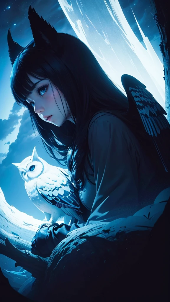 ((masterpiece)),((Highest quality)),((Lots of details)),((Realistic feel)), Pitch Black, night, Deep in the forest, Moonlight shines, ((Cool blue shade)), White Owl incarnation, Perfect girl silhouette, Sharp focus, ((High Sky:1.6)), Dim and dim, High Contrast