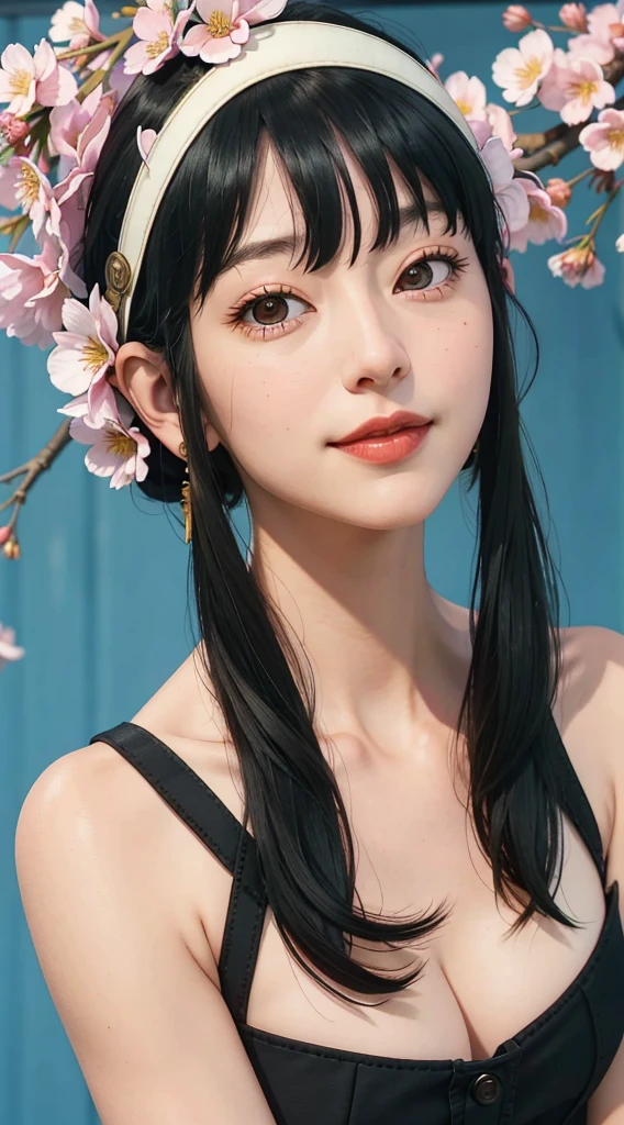 yor, Mature female, bangs, side locks, Red eyes, Black hair, hair adornments,sportrait, (face:1.2), schoolgirls, ssmile,bare shoulders, Black hair, cherry blossom, cleavage, (gown:1.21), clavicle, Willow Branch, (masterpiece best quality :1.2),