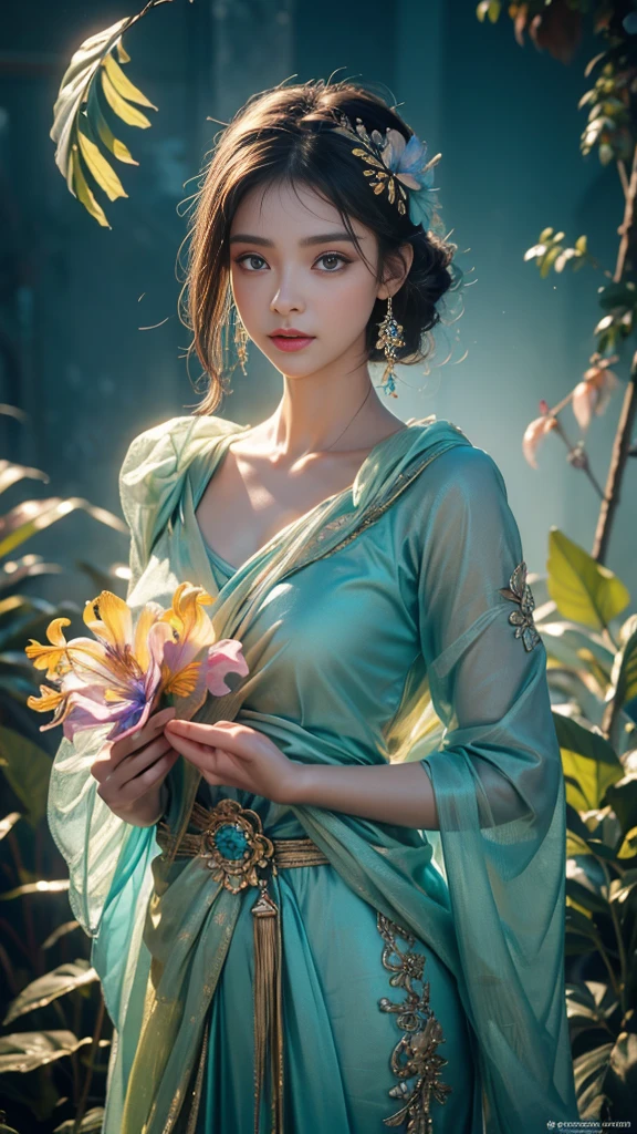 8K, UHD, 1 girl, 18 years old, teal firefly clothes, strap clothes, glowing clothes, ornaments, exquisite faces, details, hands, ultimate details, amazing magnificence, Pedaipan style, fiber hair, glowing teal iris, ((glowing flower)),