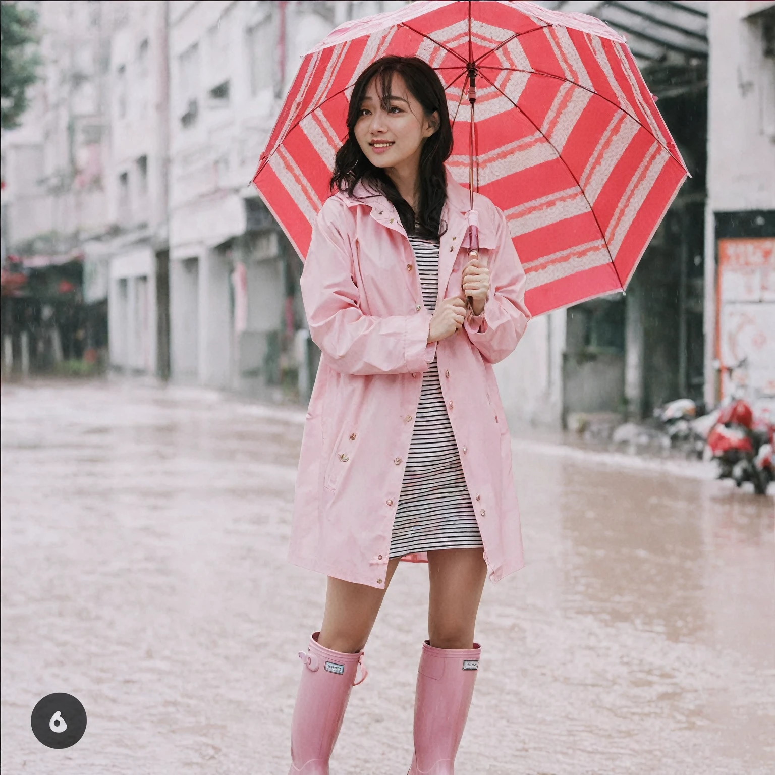 asian lady holding umbrella, cute pose, pink buttoned raincoat, tall pink rain boots, muddy clothes, intricate details, highly detailed, masterpiece, 8k, photorealistic, cinematic lighting, vibrant colors, soft focus, elegant, feminine, beautiful, serene, graceful