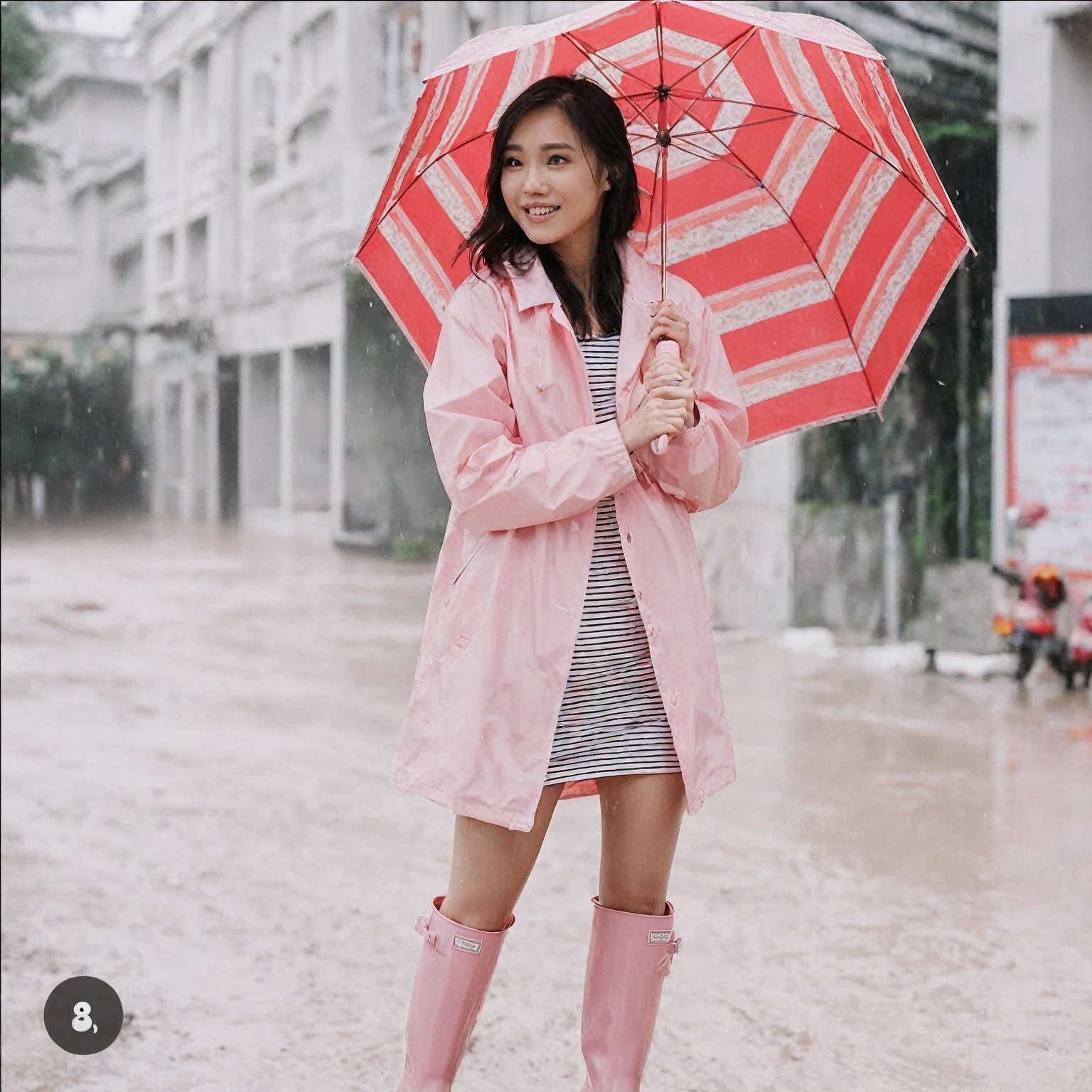 asian lady holding umbrella, cute pose, pink buttoned raincoat, tall pink rain boots, muddy clothes, intricate details, highly detailed, masterpiece, 8k, photorealistic, cinematic lighting, vibrant colors, soft focus, elegant, feminine, beautiful, serene, graceful