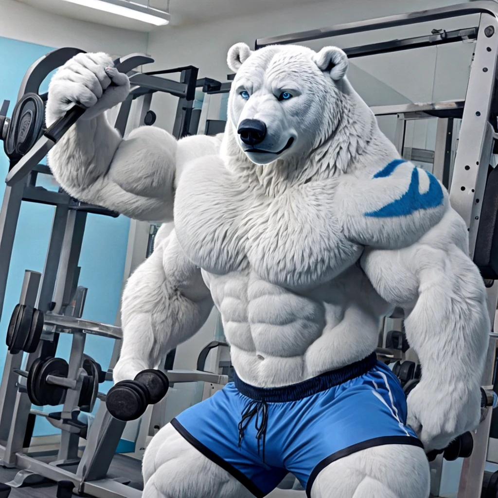 muscular polar bear, blue gym shorts, blue eyes, arctic fitness house, training, pumping, working out