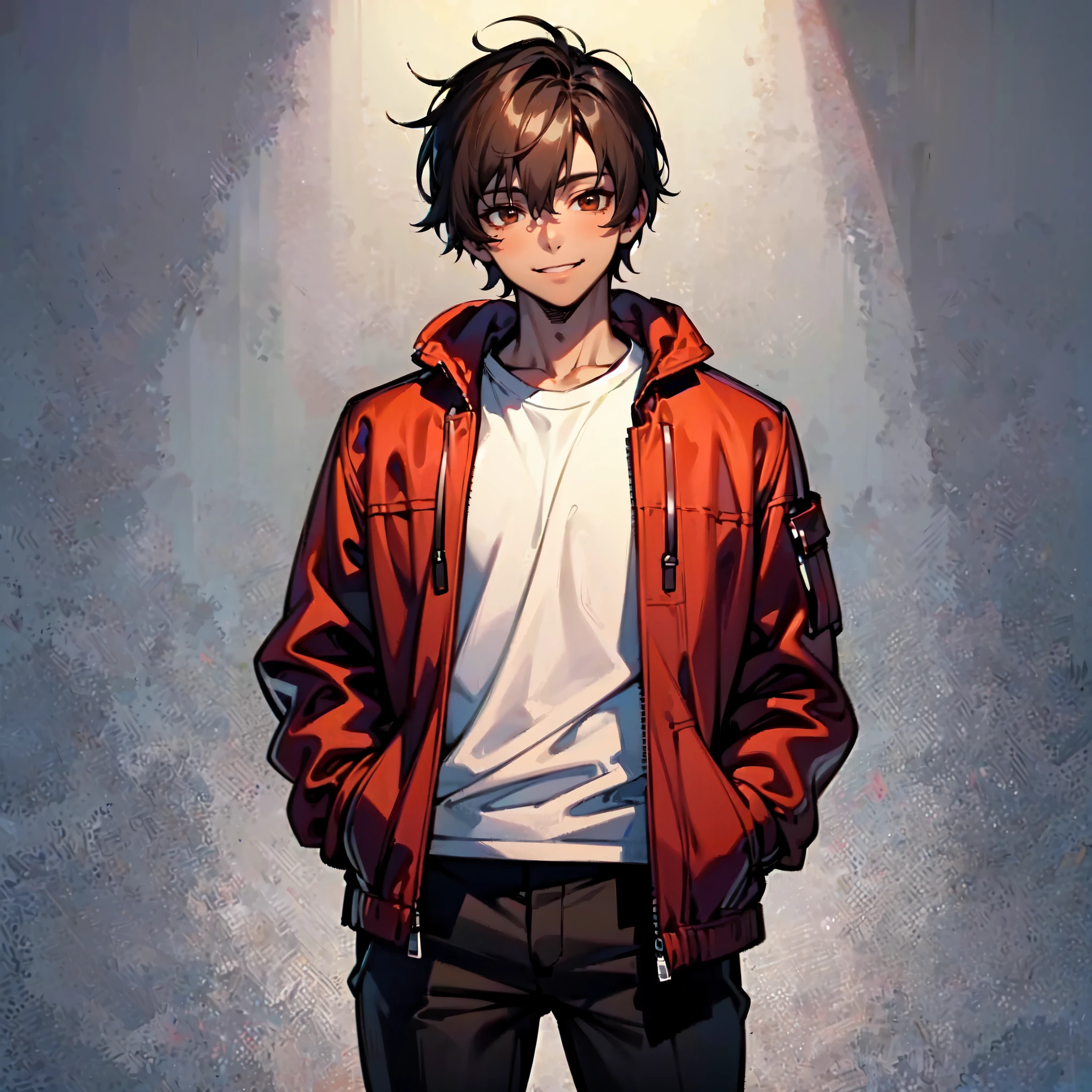 1youngman, short messy black hair, brown eyes, ((brown skin)), red parka jacket, white T-shirt, black pants, smile, ((hands on pockets pose)), ((solo)), ((best quality)), ((masterpiece)), portrait, looking at the camera, from the front, simple background, ((detailed)), ((perfect anatomy)), ((detailed art)), ((high definition)), ((4k)), ((high resolution))
