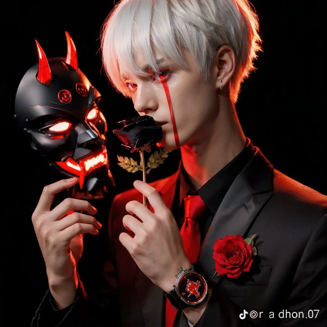 Anime male, with red eyes, mafia, standing with his back to the sky, at night, full body visible, short black hair with red highlights, shot with Kodak Portra 400 film, wearing a black suit, no pattern,