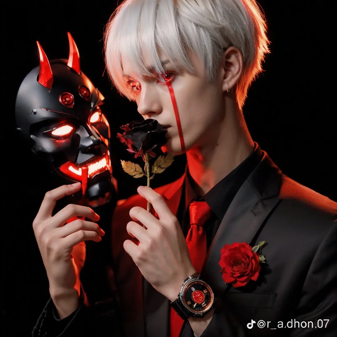 Anime male, with red eyes, mafia, standing with his back to the sky, at night, full body visible, short black hair with red highlights, shot with Kodak Portra 400 film, wearing a black suit, no pattern,