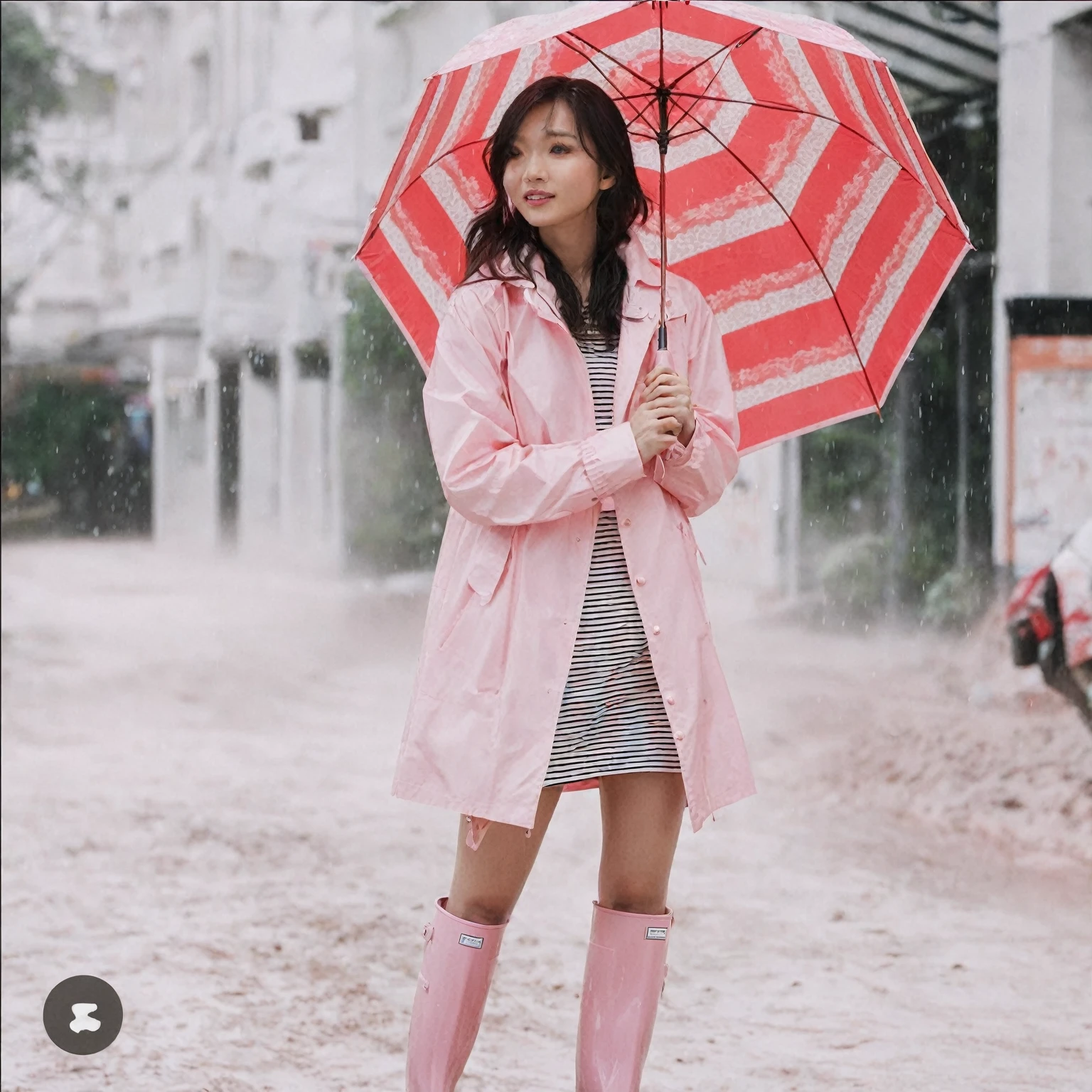 asian lady holding umbrella, cute pose, pink buttoned raincoat, tall pink rain boots, muddy clothes, intricate details, highly detailed, masterpiece, 8k, photorealistic, cinematic lighting, vibrant colors, soft focus, elegant, feminine, beautiful, serene, graceful