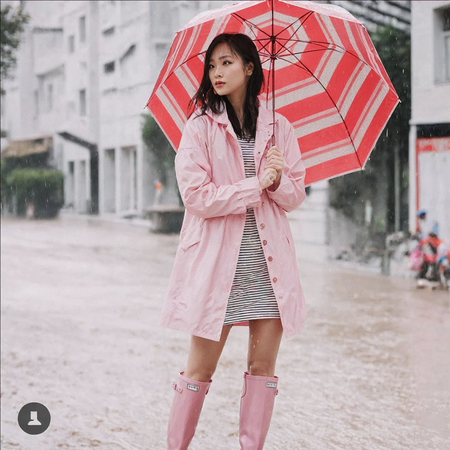 asian lady holding umbrella, cute pose, pink buttoned raincoat, tall pink rain boots, muddy clothes, intricate details, highly detailed, masterpiece, 8k, photorealistic, cinematic lighting, vibrant colors, soft focus, elegant, feminine, beautiful, serene, graceful