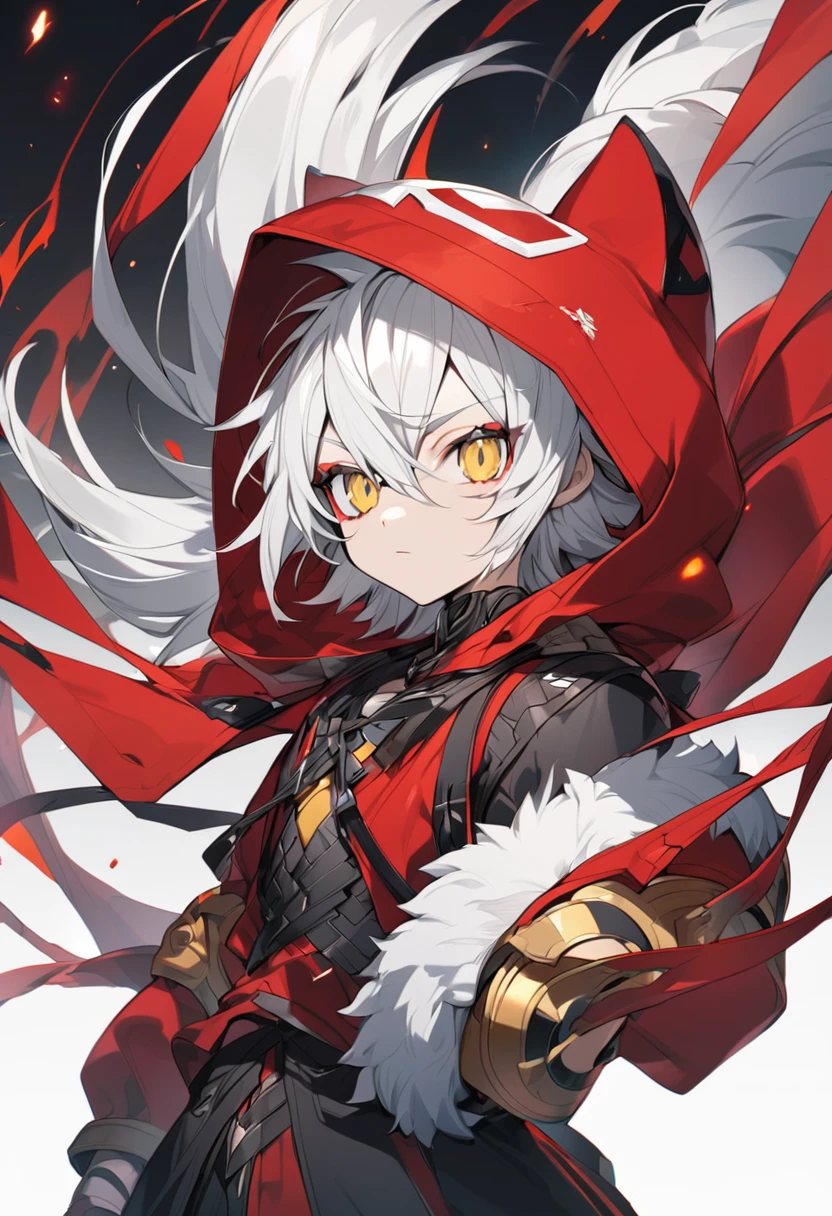 Anime character, large red hood with fur inside, Androgynous but sharp features, Yellow eyes, White hair with grey tips, wolf cut,