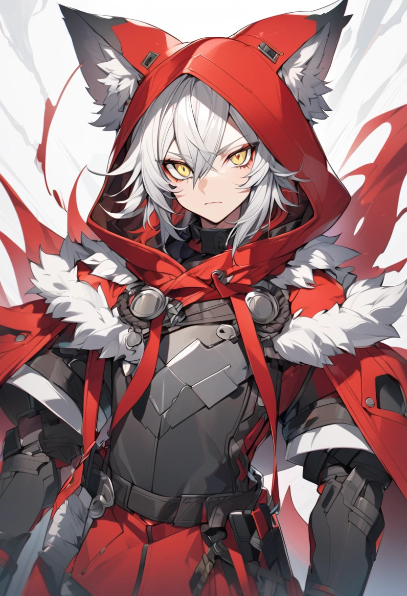 Anime character, large red hood with fur inside, Androgynous but sharp features, Yellow eyes, White hair with grey tips, wolf cut,