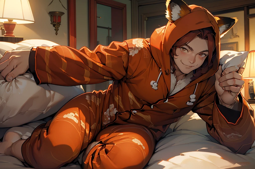 lhado eyes, perfect lighting, broad detail, detailded, deep skin,texturized skin, ,red panda costume,red and red bear costume , long sleeves, hood,,malva , long hair, orange eyes, great smile,on the bed ,sitting between pillows brown hair, (animal hood, red panda ears. , fake animal ears, texturized skin, High details, high qualiy, best qualityer, work of art, man wearing a red panda costume ((red panda costume style pajamas), room, Stuffed animal, red pajamas