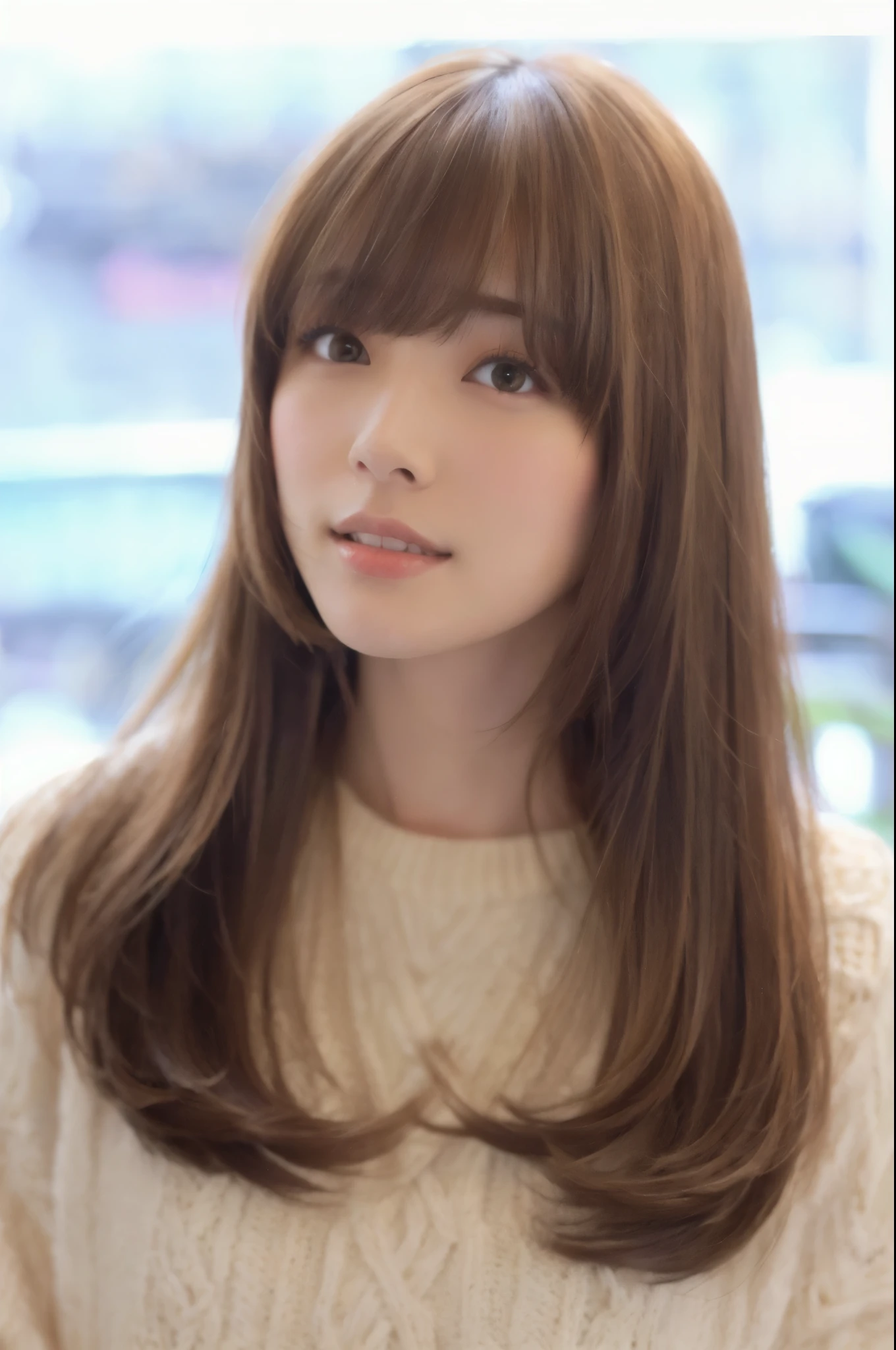 arafed woman with long brown hair and bangs wearing a white sweater, Hime cut, neat hair with bangs, long hair with full bangs, long hair with bangs, brown hair and bangs, middle length hair, mid - length hair, brown long hair with bangs, hair : long brown, shoulder - length hair, shoulder-length hair, 茶色の前hair