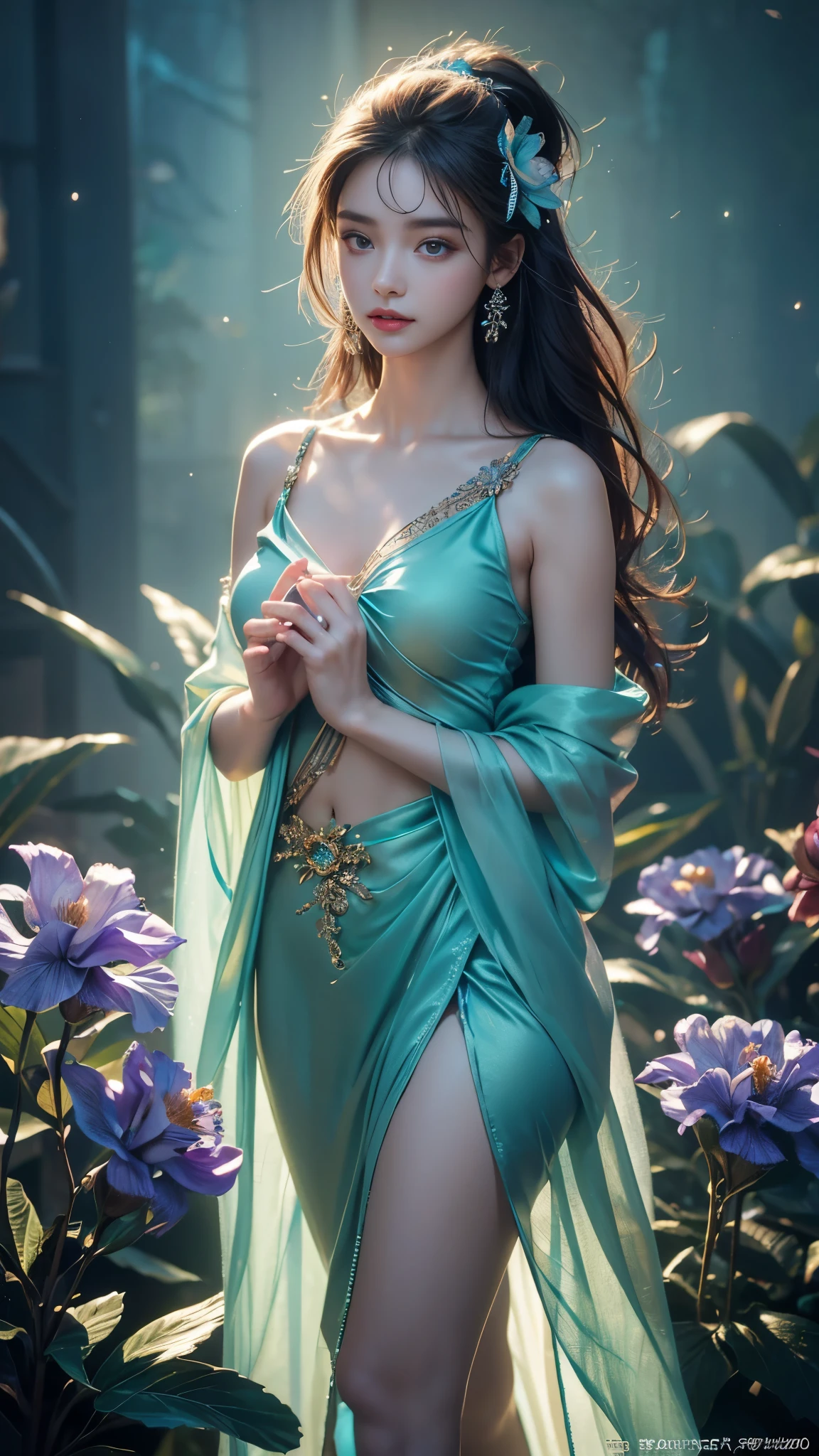 8K, UHD, 1 girl, 18 years old, teal firefly clothes, strap clothes, glowing clothes, ornaments, exquisite faces, details, hands, ultimate details, amazing magnificence, Pedaipan style, fiber hair, glowing teal iris, ((glowing flower)),