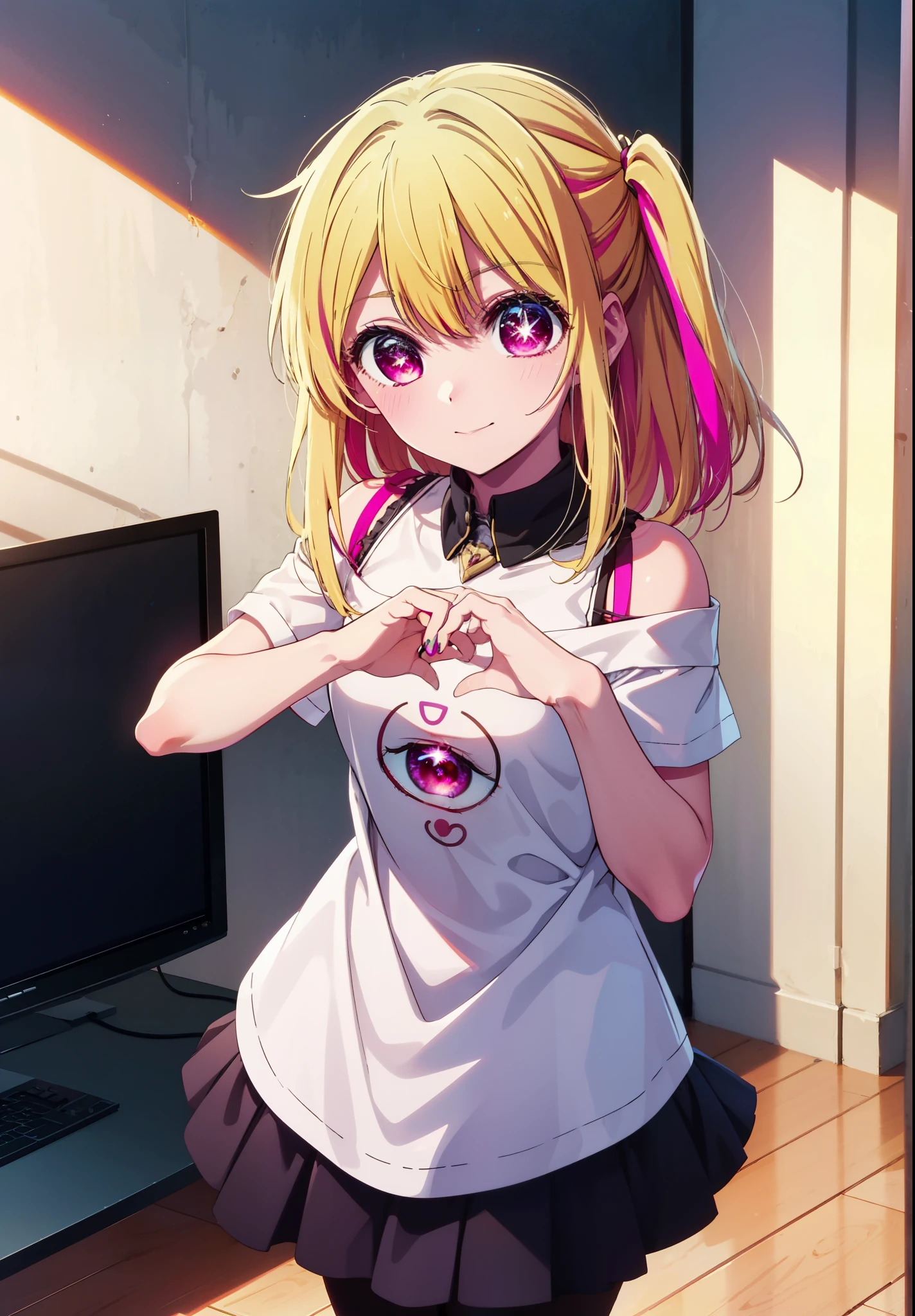 rubyhoshino, Hoshino Ruby, Long Hair, bangs, Blonde, (Pink Eyes:1.3), (Symbol-shaped pupil:1.5), Multicolored Hair, Two-tone hair, happy smile, smile, Close your mouth,
break, Cold Shoulder Shirt,Short sleeve,Long skirt,Black pantyhose,Stiletto heels,There is a computer on the table,Are standing,interior,whole bodyがイラストに入るように,Daytime,Clear skies,
break indoors, office,
break looking at viewer, whole body,
break (masterpiece:1.2), Highest quality, High resolution, unity 8k wallpaper, (figure:0.8), (Beautiful attention to detail:1.6), Highly detailed face, Perfect lighting, Highly detailed CG, (Perfect hands, Perfect Anatomy),