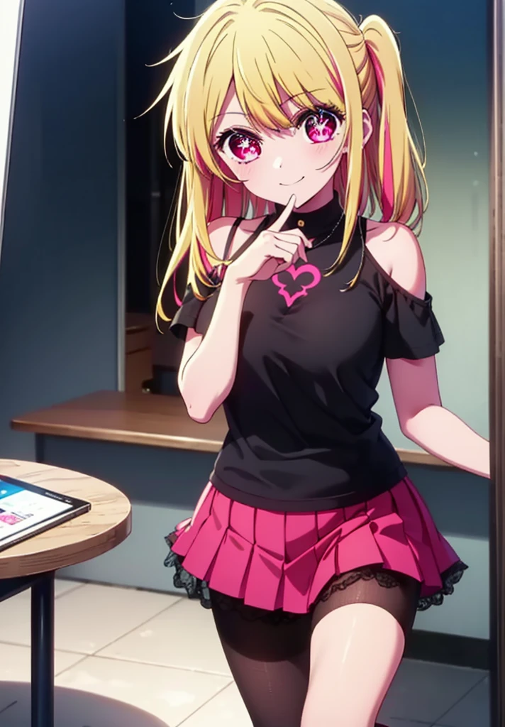 rubyhoshino, Hoshino Ruby, Long Hair, bangs, Blonde, (Pink Eyes:1.3), (Symbol-shaped pupil:1.5), Multicolored Hair, Two-tone hair, happy smile, smile, Close your mouth,
break, Cold Shoulder Shirt,Short sleeve,Long skirt,Black pantyhose,Stiletto heels,There is a computer on the table,Are standing,interior,whole bodyがイラストに入るように,Daytime,Clear skies,
break indoors, office,
break looking at viewer, whole body,
break (masterpiece:1.2), Highest quality, High resolution, unity 8k wallpaper, (figure:0.8), (Beautiful attention to detail:1.6), Highly detailed face, Perfect lighting, Highly detailed CG, (Perfect hands, Perfect Anatomy),