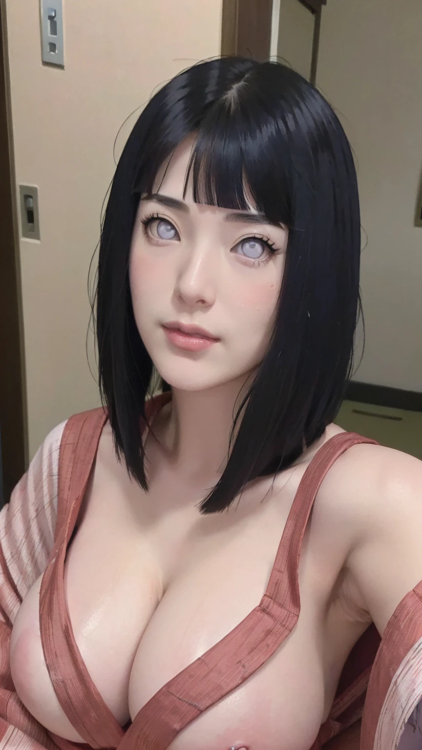 masterpiece, hinata\(boruto\), 1girl, mature women, (((Red kimono with spaghetti strap top))), (((Close-up photo))), (((Selfie))), (((cleavage))), (((Closed Clothing))), (((big breasts))), (((big round breasts))), (((round breasts))), (((extremely heavy breasts))), (((Colossal tits))), (((heavy breasts))), (((plump breasts))), (((super round breasts))), (((very round breasts))), (((perfect breasts))), (shy face), detailed lips, beautiful face, blush, (pink lips), (((long hair))), white eyes, gentle gaze, smile, super realistic, detailed, realistic face and body, realistic hair, realistic eyes, realistic nose, realistic lips, seductive pose, (((straight bangs))), (dark blue hair), 28 year old girl