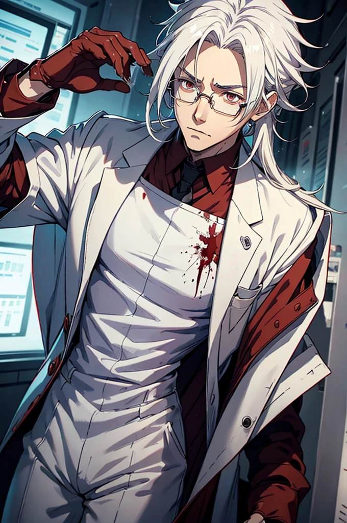 Anime style, male scientist, tall, glasses, brown shoulder length hair with white tips in his hair, white hair tips, the tips of his hair are white, blood on his hands, scalpal in one of his hands covered in blood, , handsome, scary. cold. blood over his lab coat.