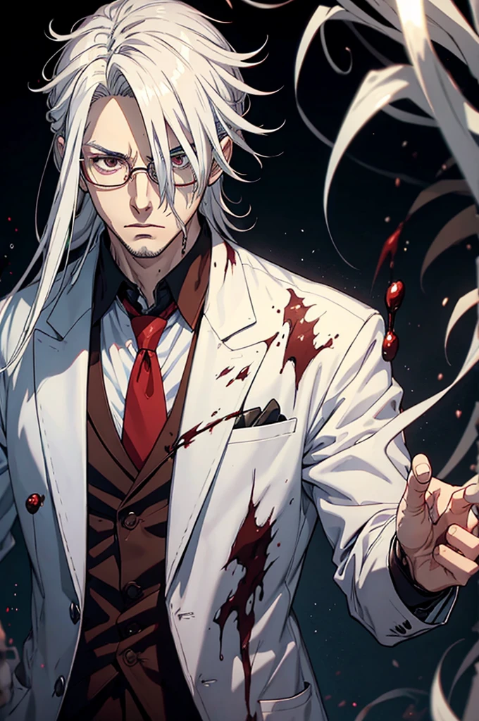 Anime style, male scientist, tall, glasses, brown shoulder length hair with white tips in his hair, white hair tips, the tips of his hair are white, blood on his hands, scalpal in one of his hands covered in blood, , handsome, scary. cold. blood over his lab coat.