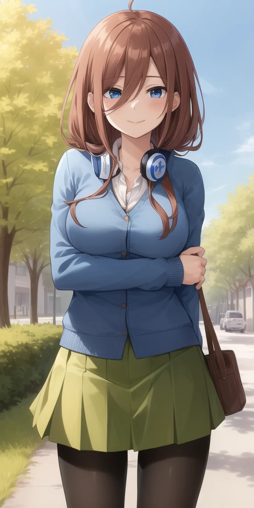 2D, masterpiece, Highest quality, anime, Very detailed, One girl, alone, Cowboy Shot, nakano miku, Brown Hair, Hair between the eyes, Blue cardigan, Headphones, pantyhose, Collared shirt, Green Skirt, mini skirt, Medium chest, Are standing, School, Outdoor, smile