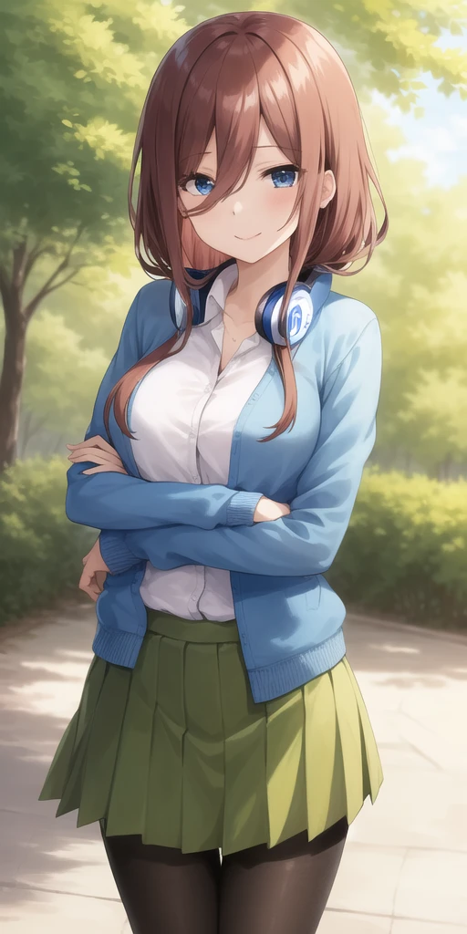 2D, masterpiece, Highest quality, anime, Very detailed, One girl, alone, Cowboy Shot, nakano miku, Brown Hair, Hair between the eyes, Blue cardigan, Headphones, pantyhose, Collared shirt, Green Skirt, mini skirt, Medium chest, Are standing, School, Outdoor, smile