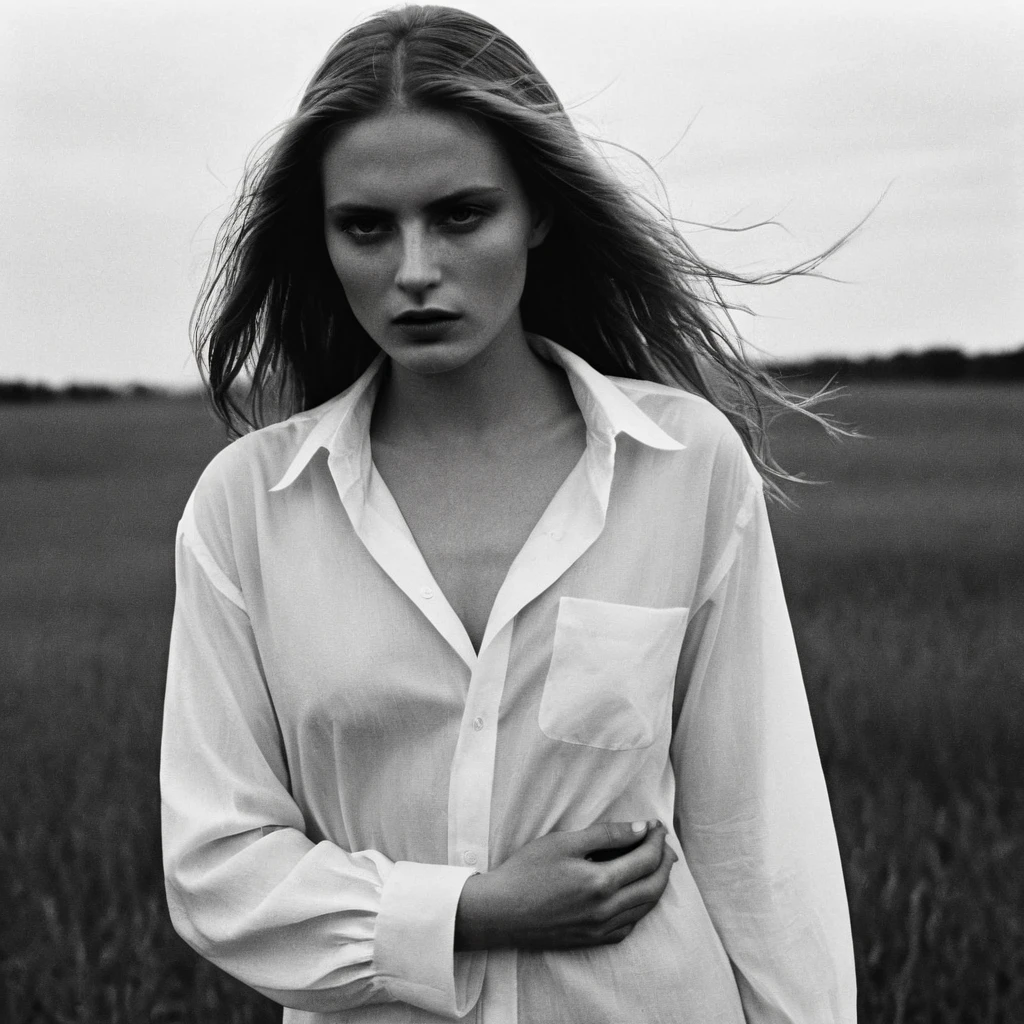 (dark mood masterpiece Photography by Mario Giacomelli:1.2), evil slavic woman, pale skin, long dark blond hair, Stunning b&w 35mm full body photo of a beautiful, perfecteyes, dark circles under eyes, highly detailed skin, (lightest freckles:0.9), standing in a casual pose with her hands on her nipples. wearing (wide-open:1.34) white_silk_shirt. unbuttoned shirt. (nipslip:1.4). a loose-fitting oversized men's unbuttoned shirt, open white business shirt. intricate poses by ruth bernhard. (Photography and style by ruth bernhard). 35mm, Hasselblad. capturing fashion-forward visuals, creating visual impact,evoking emotion,pushing creative boundaries. golden hour, shot from the side, playful pose, god rays,artistic photoshoot