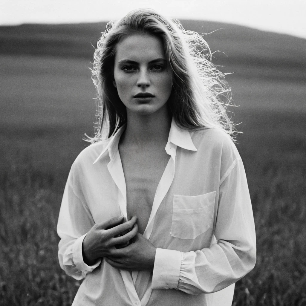 (dark mood masterpiece Photography by Mario Giacomelli:1.2), evil slavic woman, pale skin, long dark blond hair, Stunning b&w 35mm full body photo of a beautiful, perfecteyes, dark circles under eyes, highly detailed skin, (lightest freckles:0.9), standing in a casual pose with her hands on her nipples. wearing (wide-open:1.34) white_silk_shirt. unbuttoned shirt. (nipslip:1.4). a loose-fitting oversized men's unbuttoned shirt, open white business shirt. intricate poses by ruth bernhard. (Photography and style by ruth bernhard). 35mm, Hasselblad. capturing fashion-forward visuals, creating visual impact,evoking emotion,pushing creative boundaries. golden hour, shot from the side, playful pose, god rays,artistic photoshoot