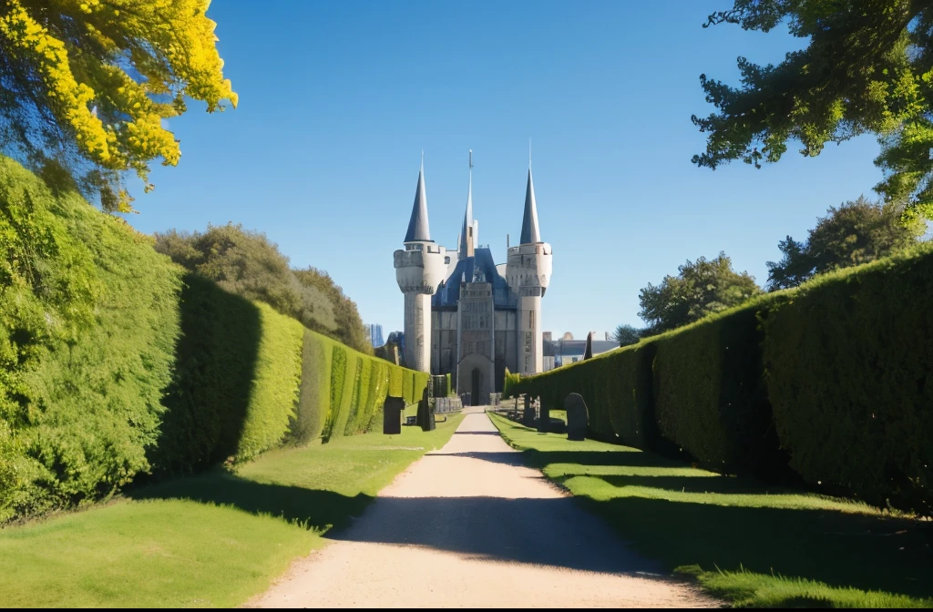 a path leads us to a castle, sunny blue skies, gothic architecture