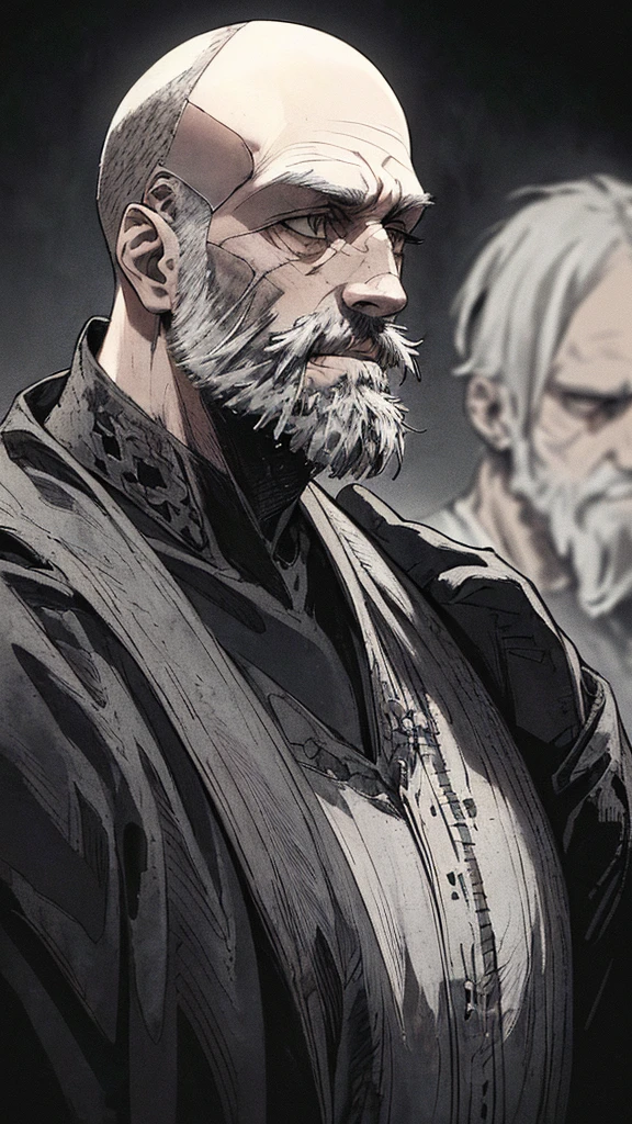 Best_quality, (background_detail), high_contrast, detail_original_illustration, warrior, gray_all_back_hair, muscular, villain_face, armor, full_body, sword_holding, medieval, deep_wrinkles_on_eyebrows, middle_aged_man, dark_stitch_landscape, (dramatic_lighting:1. 25), (shaded_background:1.2), (gray hair:1.2), (short_shaven_beard:1.3) large figure, delicate face, evil_smile, sharp_eyed, black background, (black background:1. 5) beautiful line drawing, black and white

Translated with DeepL.com (free version)