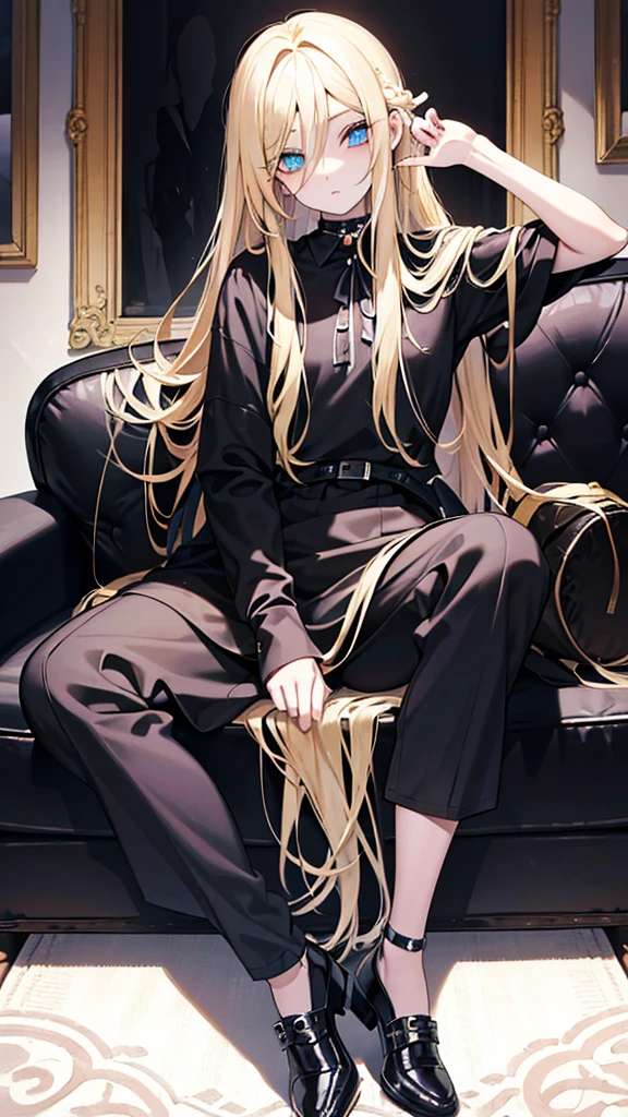 long blonde hair, eyes black, louca no sofa, perfect and very beautiful face, roupa estilo emo
