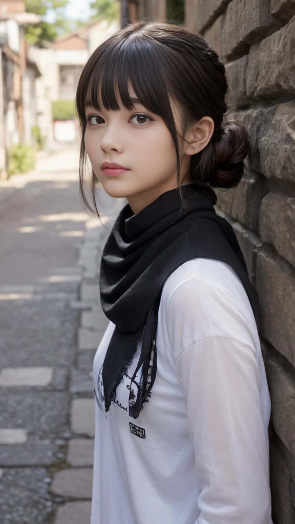 (Highest quality, Very detailed, masterpiece:1.2), 1 women, Very thin body, length, Thin legs, ((Black wavy short ,Bandana updo)), ((Thick and fluffy bangs)), Very detailedな顔,A faint smile, small, Thin Nose, small thin mouth, Extremely sharply focused eyes, Japanese, Beautiful Face, Realistic eyes, Beautiful and beautiful eyes, Realistic Skin, Beautiful Skin, charm, (A vivid face), Beautiful Hairstyles,((Over Size Tシャツ)),脇を見せる,腕を上げる,Creepy and unique hairstyles,下からのアングル, High resolution, Vibrant color palette, Mysterious and mysterious stone wall, Amazing place,Characteristic dark shadows and strange details, background, Backwards