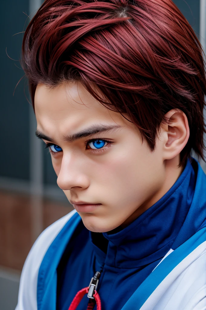 A anime boy looking serious with blue and red eyes