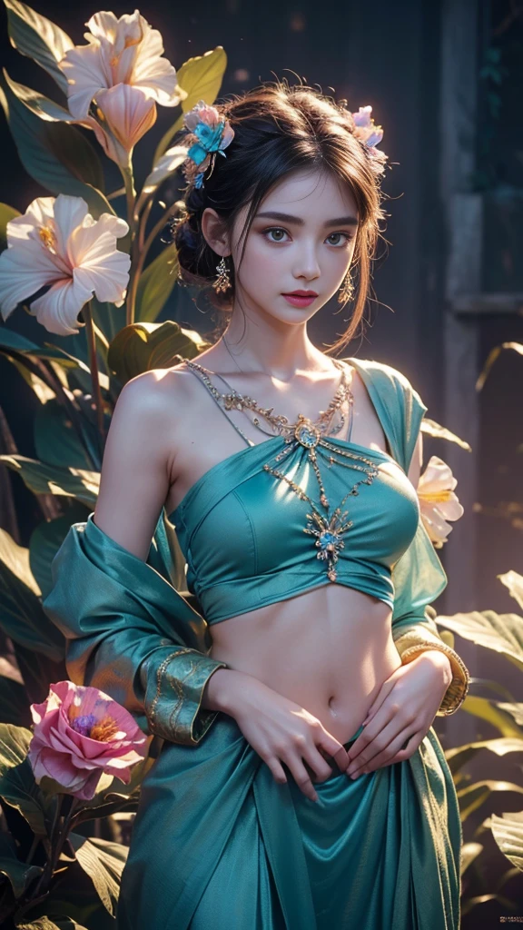 8K, UHD, 1 girl, 18 years old, teal firefly clothes, strap clothes, glowing clothes, ornaments, exquisite faces, details, hands, ultimate details, amazing magnificence, Pedaipan style, navel, fiber hair, glowing teal iris, ((glowing flower)),