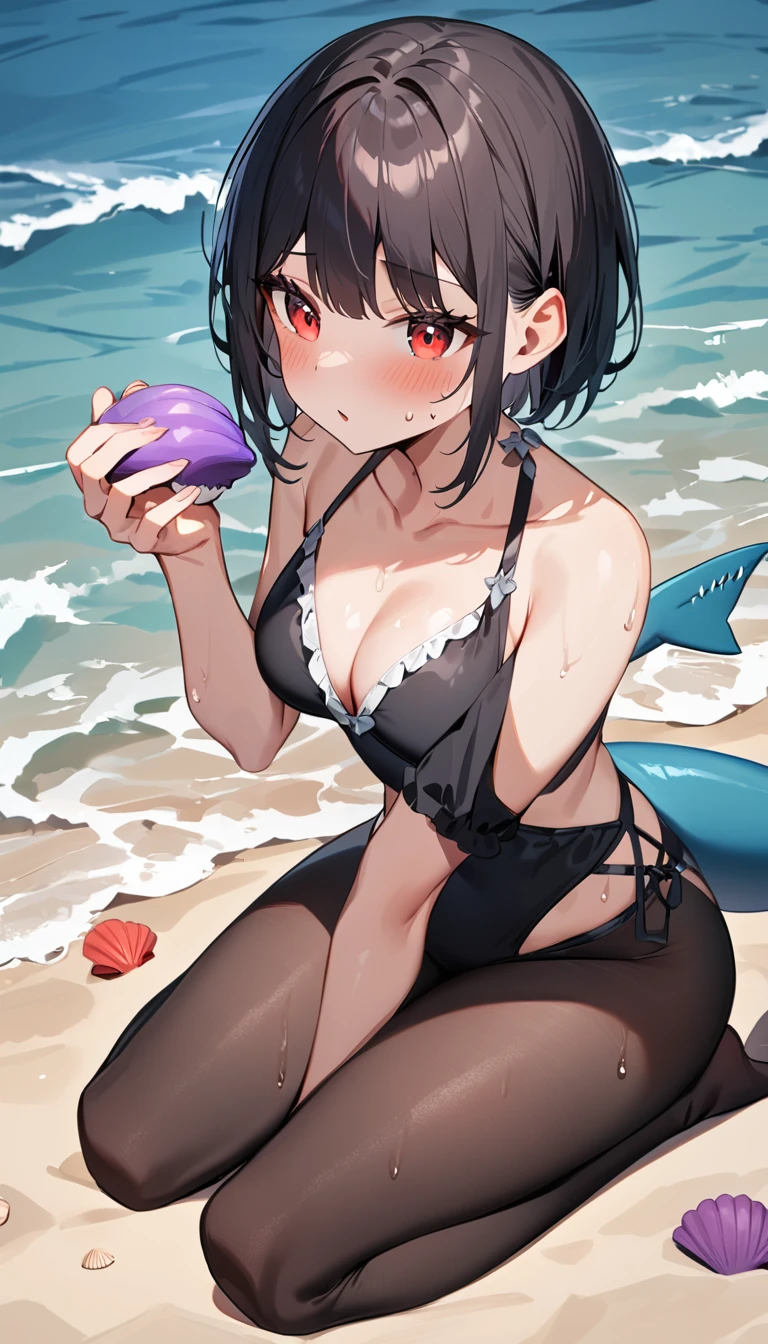 1girl, from above, detailed small pussy, cum in pussy, lying down, spreading arms, brown shell helmet, red eyes, small breasts, black swimsuit, short black hair, black hair, beach, masterpiece quality, ultra HD, 4K, best quality,