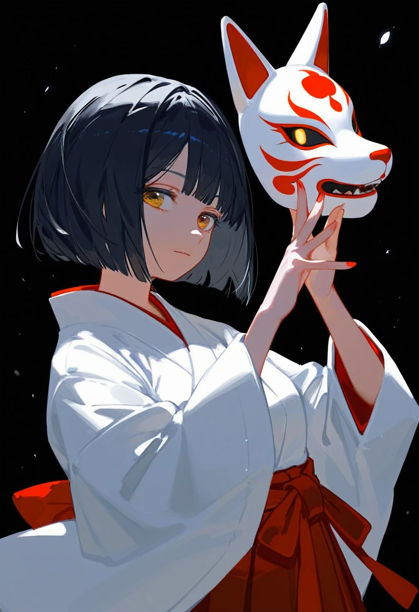 (score_9, score_8_up, score_7_up), by erere, 1girl, short hair, reverse bob cut, black hair, miko, fox mask, mask on, Japanese clothes, kimono, white kosode, white kimono, red hakama skirt, sleeves past wrists, upper body, black background, simple background, masterpiece, Very aesthetic, best quality, white background